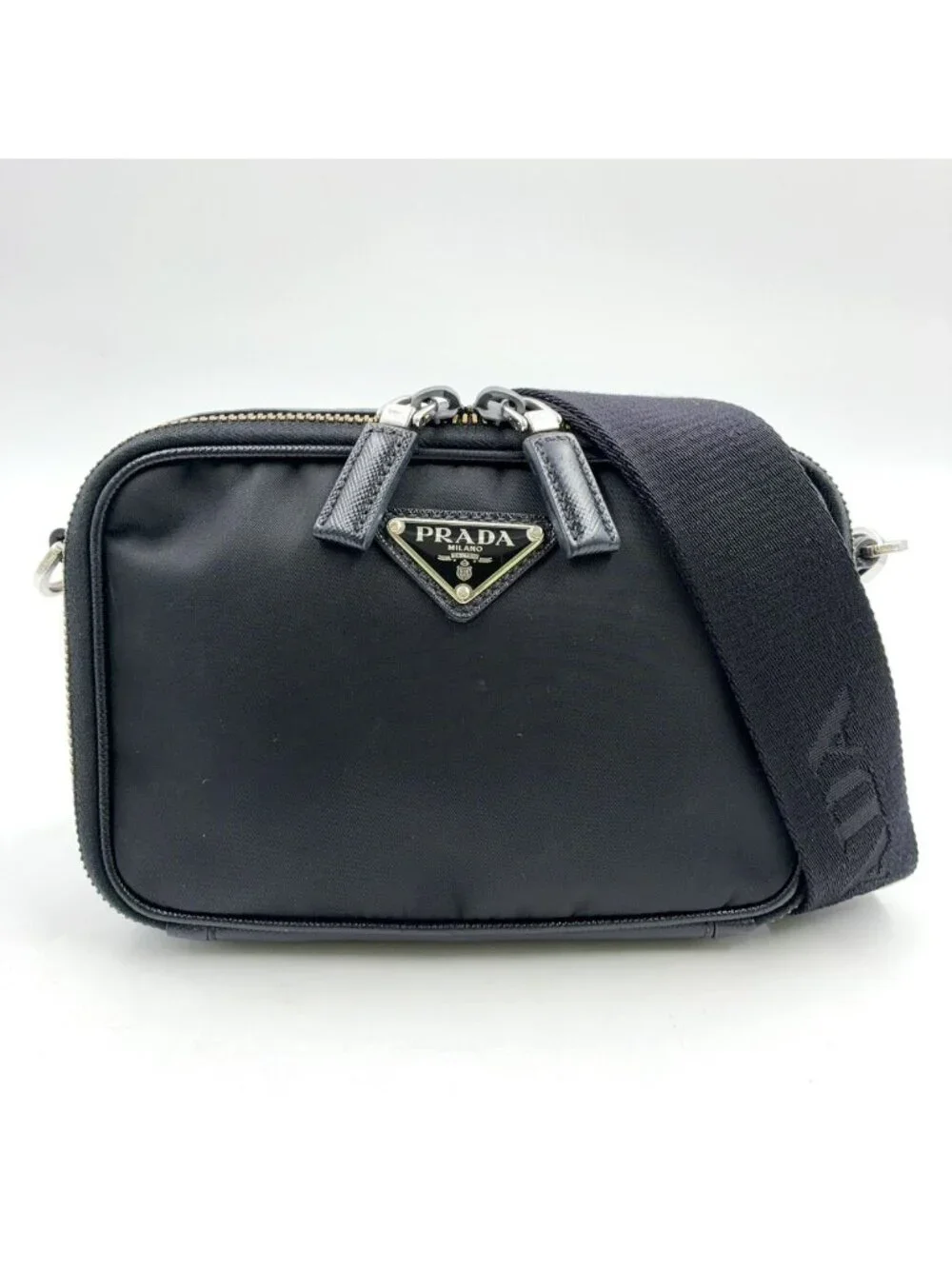 Prada Brick Re-Nylon Leather Nylon Black Shoulder Bag Silver